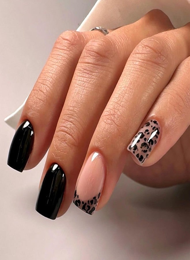 Vopintpy Leopard Print Press on Nails French Tip False Nails Black Solid Color Artificial Nails Short Square Full Cover Fake Nails Glossy Acrylic Stick on Nails for Women - Image 1